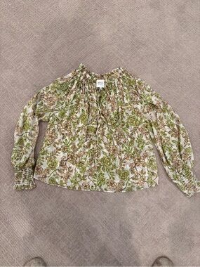 MISA Los Angeles Green and Brown Floral Smocked Peasant Blouse